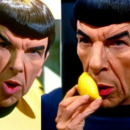 Prompt: Spock eating a lemon, still from 90s tv