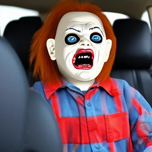 Prompt: middle aged screaming chucky doll driving to work in a minivan and stuck in gridlock traffic