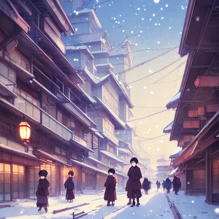 Prompt: empty japanese big city, winter, in the style of studio ghibli, j. c. leyendecker, greg rutkowski, artem