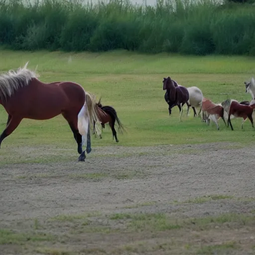 Image similar to a little boy was flying across a herd of galloping horses.