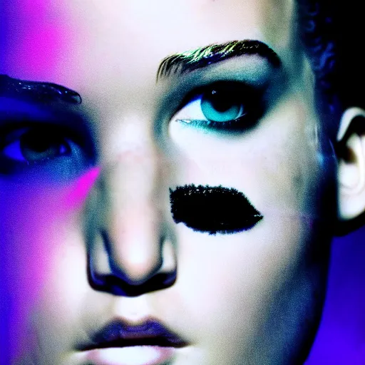 Image similar to jennifer lawrence as the bride of frankenstein, macro photography, glowing retinas, vaporwave