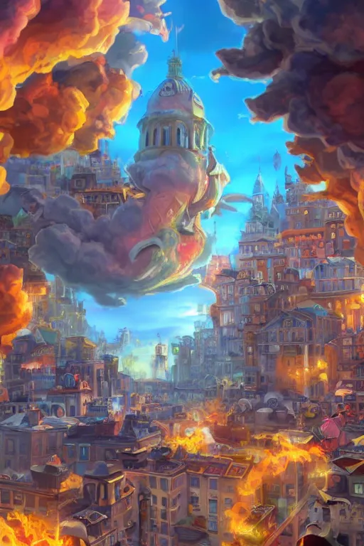 Image similar to ! dream hyperrealistic photo of a city of love, bombs are falling from the sky, medium angle, in the style of hearthstone game