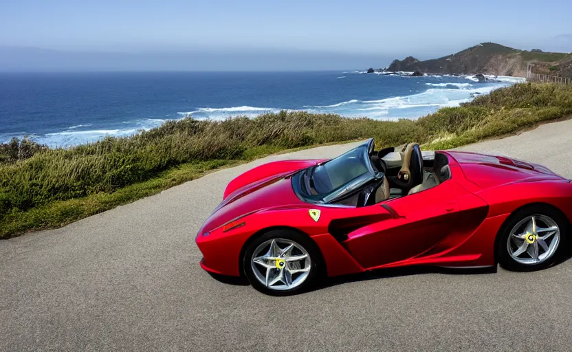 Image similar to a still of a ferrari monza sp 2 parked along the pacific coast highway, ocean in the background, 8 k,