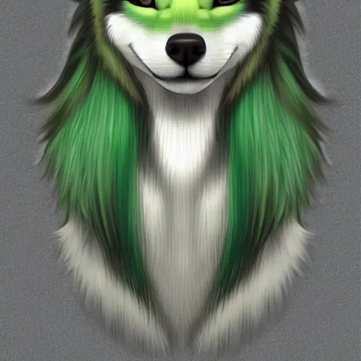 Image similar to furry anthro husky with scene - style hair, the hair has green highlights, style of milesdf, stylized, drawn