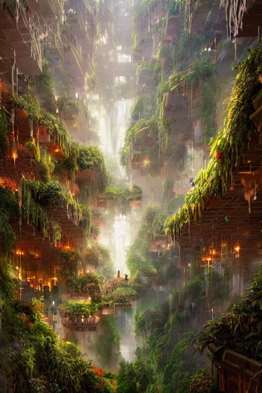 Image similar to magnificent view of the hanging gardens of babylon, intricate, elegant, volumetric lighting, digital painting, highly detailed, artstation, sharp focus, illustration, concept art, ruan jia, steve mccurry