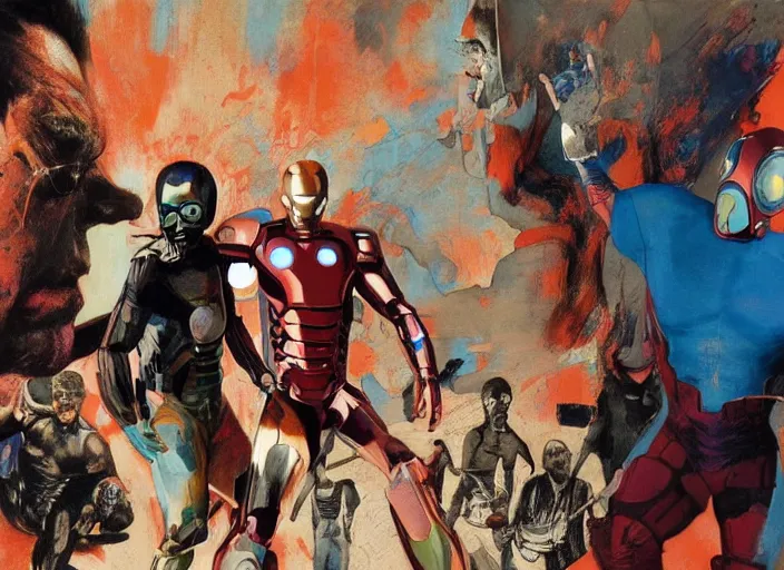 Image similar to a still from the movie avengers : infinty war of francis bacon and norman rockwell and james jean, a still from the movie the fly, and mark brooks, triadic color scheme, by greg rutkowski, syd mead and edward hopper and norman rockwell and beksinski, dark surrealism, orange and turquoise