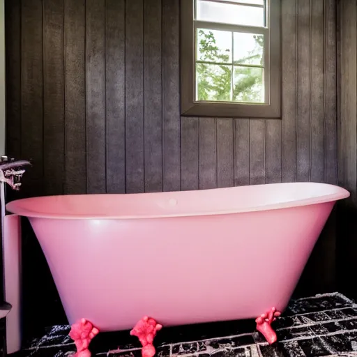 Prompt: marilyn manson taking a bubble bath, rubber ducky on the ledge of the bathtub, pink bubbles floating in the air, farmhouse style bathroom, 4 k,