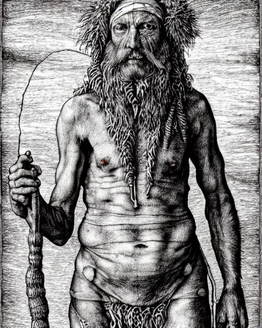 Prompt: a desert druid wearing bandages all over his body, full body, hyper realism, fine details, deviantart artstation, extremely detailed, black and white, very sharp, in the style of albrecht durer, etching,