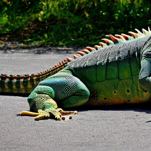 Prompt: a humongous iguana LAYING laying laying on earth outside space