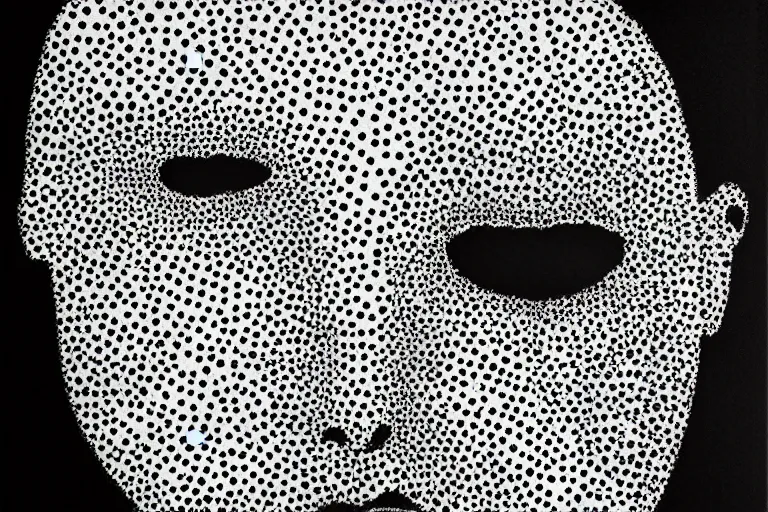 Image similar to face made out of evil, faceless people dark, dots, drip, stipple, pointillism, technical, abstract, minimal, style of francis bacon, asymmetry, pulled apart, cloak, hooded figure, made of dots, abstract, balaclava, colored dots