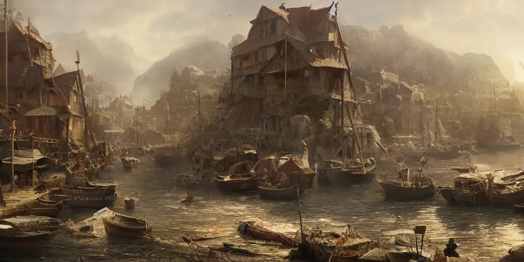 Image similar to beautiful matte painting of a port village by weta workshop 8 k, cinematic dramatic atmosphere, dramatic lighting