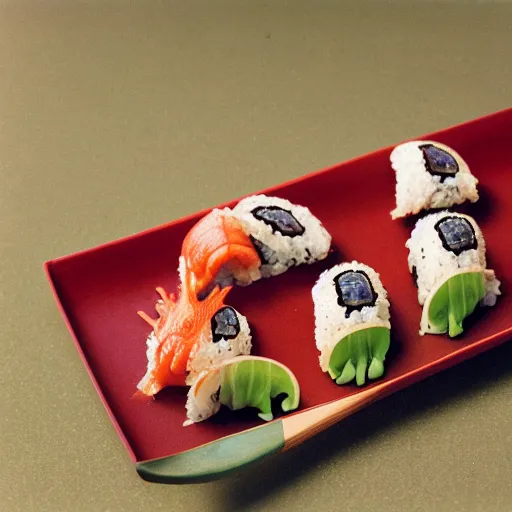 Prompt: frog head sushi,, professional studio photography, cinestill, 800t, 35mm, full-HD