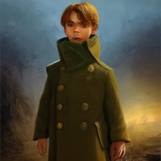 Prompt: A little boy wearing a trech coat looking dow , Graceful body structure,cute,Symmetrical face,highly detailed,elegant,Marc Simonetti and Caspar David Friedrich, Trending on artstation depicted as a action movie poster