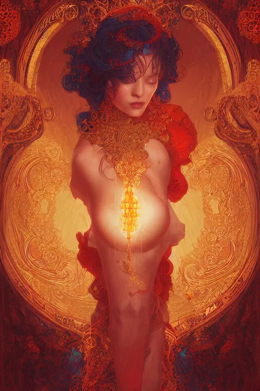 Prompt: tarot card artstation, portrait of a gorgeous love dancer, sunrise, baroque ornament and rococo ornament, ancient chinese ornate, hyperdetailed, beautiful lighting, craig mullins, mucha, klimt, yoshitaka amano, red and gold and orange color palette