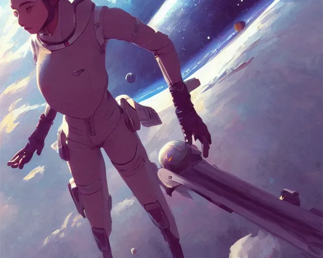 Image similar to young woman flying in space sharp focus, illustration, highly detailed, concept art, matte, trending on artstation, anime, art by james jean and artgerm and brian despain and alberto mielgo, greg rutkowski, wlop, ilya kuvshinov, strong strokes