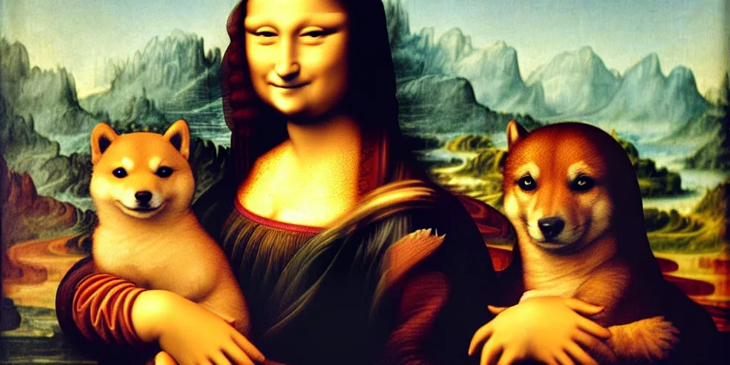 Image similar to leonardo da vinci's 《 mona lisa 》 holding a shiba inu ， oil painting, by leonardo da vinci