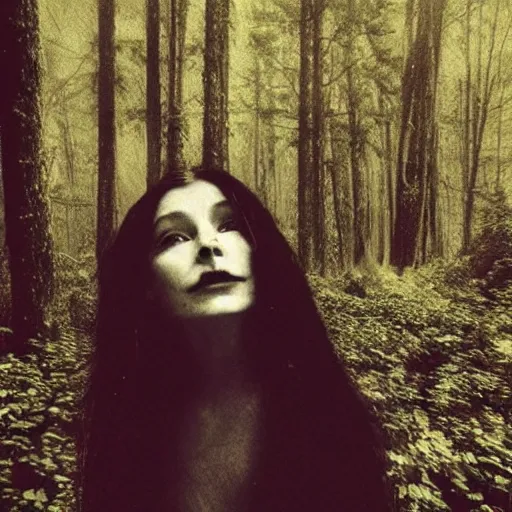 Prompt: found photo of a creepy beautiful witch woman with long hair floating in a forest, magical dark and spooky, flash photography