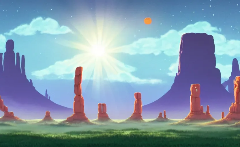 Image similar to a cell - shaded studio ghibli concept art of a ufo shining a spotlight on a lush temple that looks like monument valley stonehenge jungle on a misty starry night. very dull colors, hd, 4 k, hq