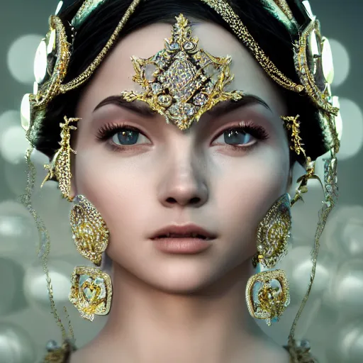 Image similar to portrait of pretty princess with perfect skin, glowing, ornate and intricate diamond jewelry, jaw dropping beauty, ornate and intricate backdrop, white accent lighting, hyper detailed, 4 k octane render