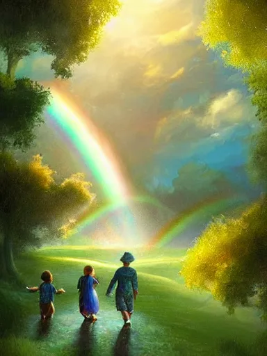 Prompt: a happy familly under the rainbow. in the green valeys near a village. intricate, elegant, highly detailed, digital painting, artstation, concept art, sharp focus, illustration, by justin gerard and artgerm, 8 k