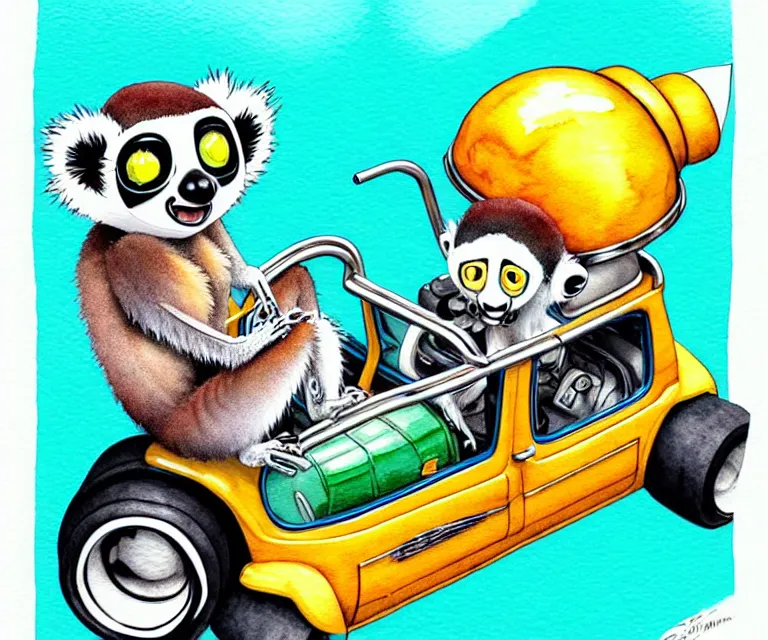 Image similar to cute and funny, lemur wearing a helmet riding in a tiny hot rod with oversized engine, ratfink style by ed roth, centered award winning watercolor pen illustration, isometric illustration by chihiro iwasaki, edited by range murata, tiny details by artgerm, symmetrically isometrically centered