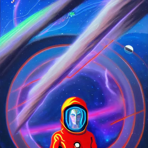 Image similar to spaceman superhero with cape and magic spells surfing, isometric scifi astral spirit space journey in oil painting, pulled into the spiral vortex, trending on artstation, award winning, emotional, highly detailed ethereal isometric surrealist art