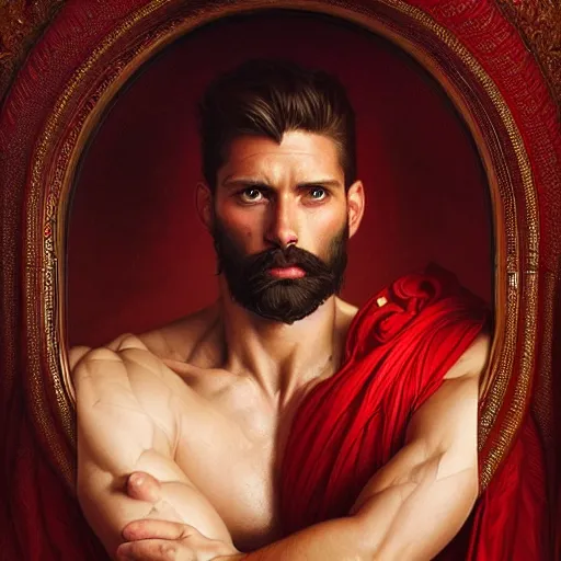 Image similar to portrait of a heavenly god, male, red and white and gold, masculine, beard, upper body, muscular, fantasy, intricate, elegant, dramatic lighting, highly detailed, digital painting, artstation, concept art, matte, sharp focus, illustration, art by artgerm and greg rutkowski and alphonse mucha