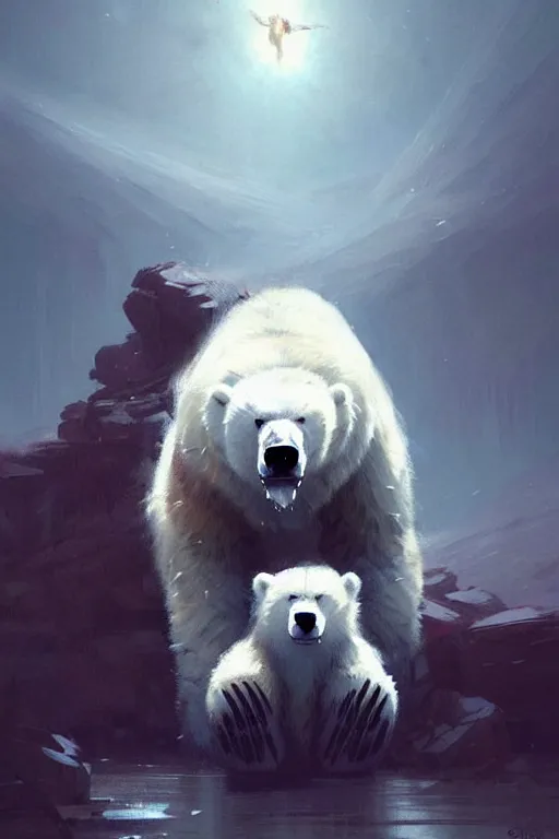 Image similar to comic book cover. giant fluffy polar bear ridden by a small girl by greg rutkowski, trending on artstation