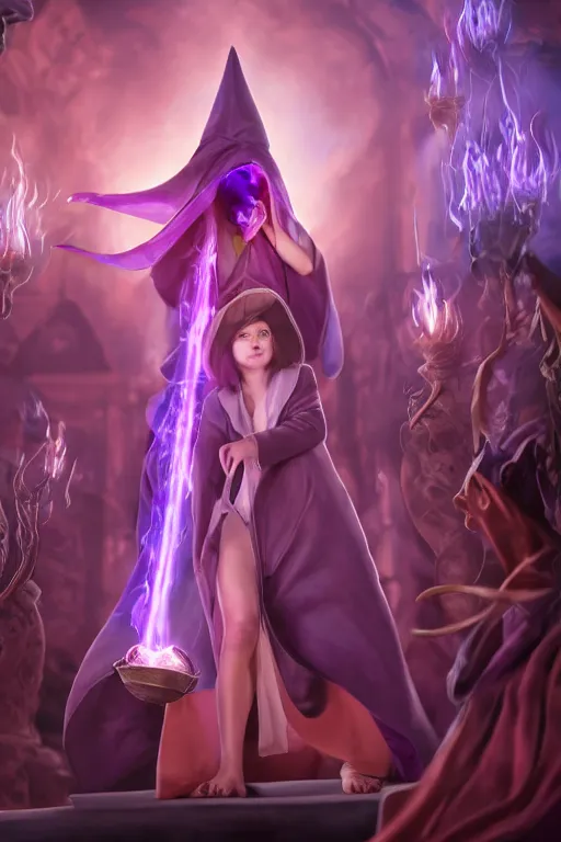 Image similar to short woman in prudish purple wizards apprentice robes with pointy hat at a crowded magical university, a flaming magical red flame hummingbird pet, full body shot unreal engine hyperreallistic render 8k character masterpiece digital art, cell shader shading, raytracing, comic art, manga, trending on Artstation, CGSociety