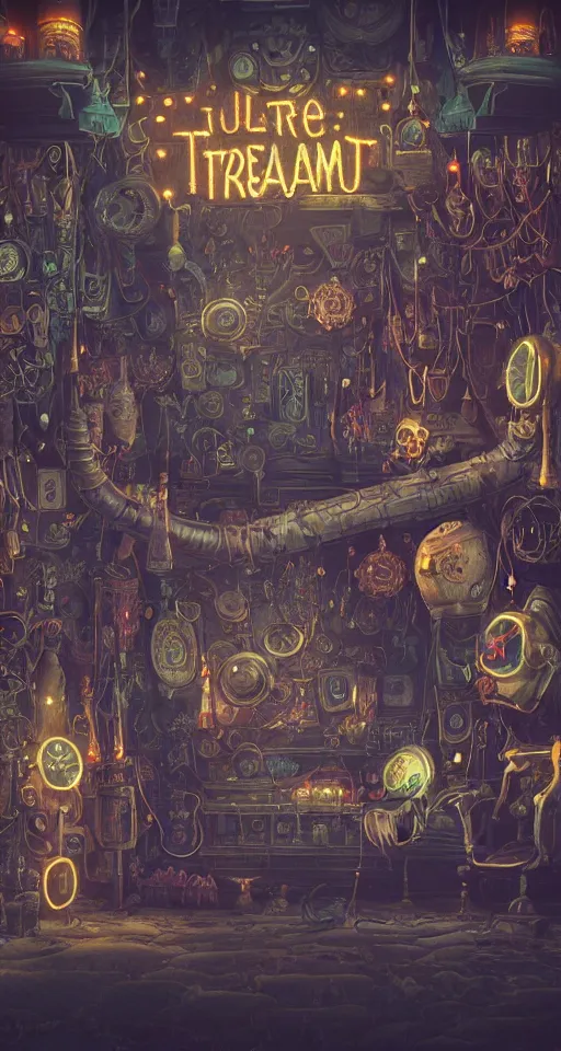 Prompt: tapestries of dreams, ultra detailed, dark, steampunk, moody, candles, neon signs, infographic style, characters from machinarium, by don bluth, trending on artstation, octane render