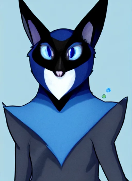 Image similar to a blue - and - black male catbat fursona with blue / green heterochromatic eyes ( differently - colored eyes, one eye green, one eye blue ) and huge bat ears, photo of the catbat streaming on his computer