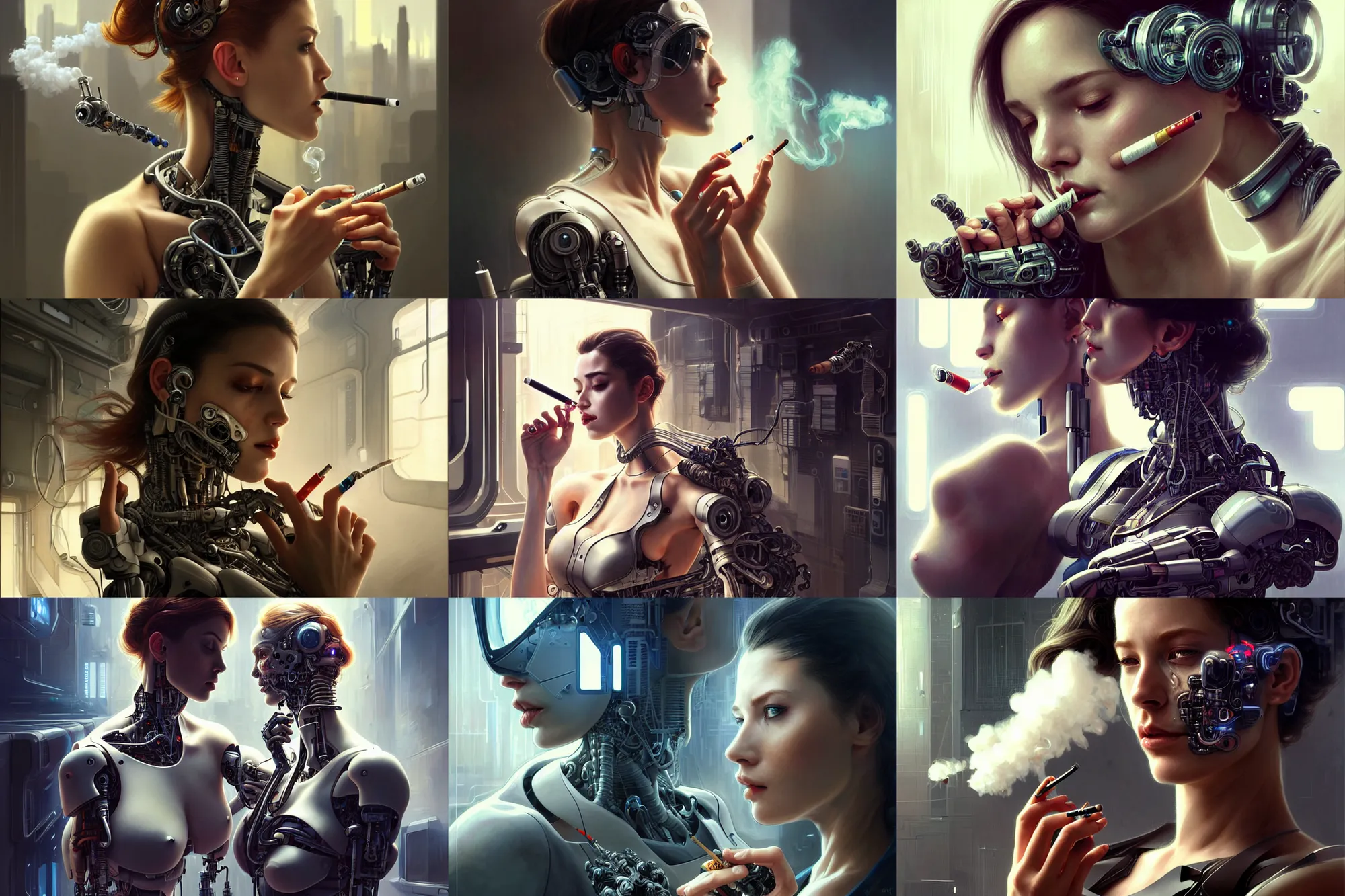 Prompt: Ultra realistic illustration, beautiful alluring damaged cyborg smoking a cigarette while being put back together in an super advanced military medical bay, cyberpunk, sci-fi, fantasy, intricate, elegant, highly detailed, digital painting, artstation, concept art, smooth, sharp focus, illustration, art by artgerm and greg rutkowski and alphonse mucha