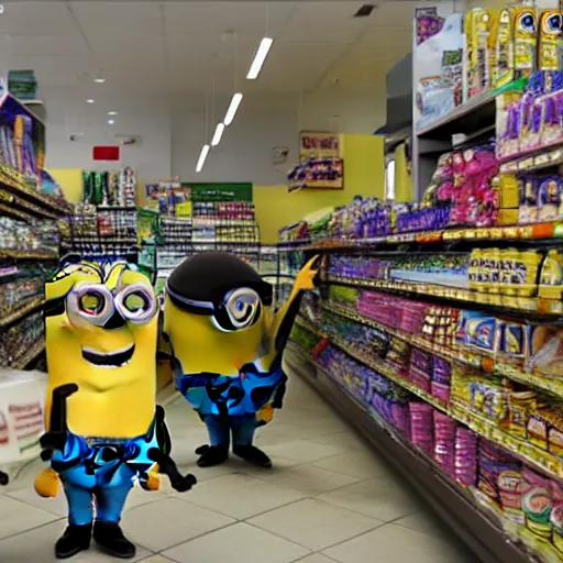 Image similar to lots of minions inside a 7/11 store, 8k, sharp, hyperrealistic