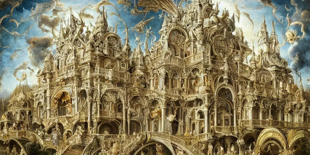 Prompt: beautiful!!! ornate heavenly!!! silver rococo megastructure in the style of heironymus bosch, prismatic intricate masterpiece, hyper detailed!, hd