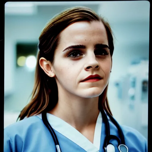 Prompt: emma watson, nurse scrubs, hospital, portrait, close up, award winning, kodak ektachrome expired blue tint,