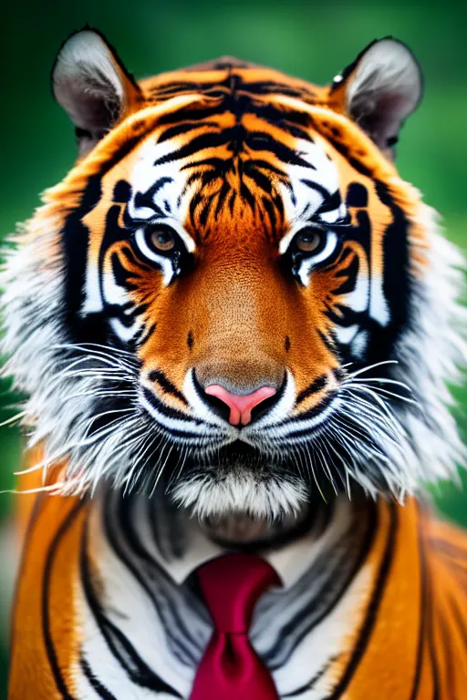 Image similar to high quality portrait photo of an tiger dressed in a dark business suit and tie, Anthropomorphic, photography 4k, f1.8 bokeh, 4k, 85mm lens, sharp eyes, looking at camera