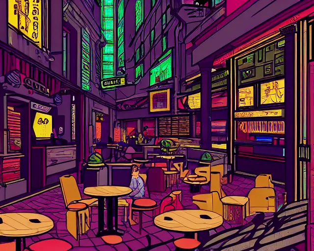 Prompt: coffee shop cyberpunk in the style of george barbier