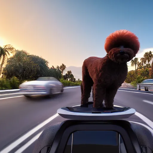 Image similar to a photorealistic image of bichon frise riding in the back on an uber in Hollywood at dusk. This 4K HD image is Trending on Artstation, featured on Behance, well-rendered, extra crisp, features intricate detail and the style of Unreal Engine.