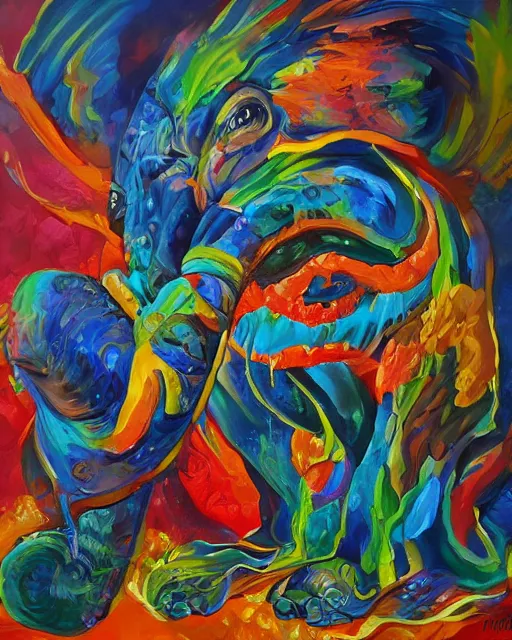 Image similar to hyperrealistic ultra detailed surrealist colorful acrylic pour painting of an elephant by moksha marquardt, rhads, trending on artstation, chillwave, psycedelic, metaphysical, mystical, sense of awe