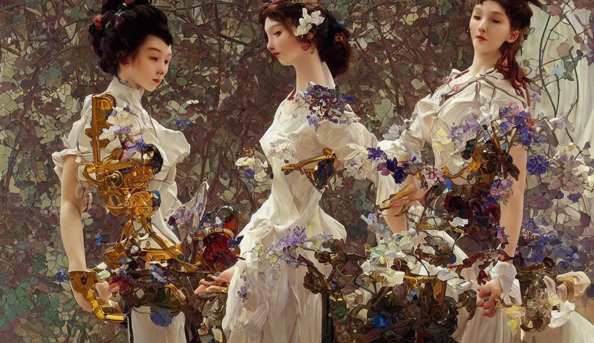 Image similar to Still of a humanoid robot creating art with painting, high detail, cinematic, art by tian zi and WLOP and alphonse mucha