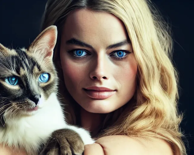 Image similar to A photo of margot robbie holding a beautiful cat, highly detailed, detailed face, beautiful face, blue eyes, 4k, hd, sharp, cinematic