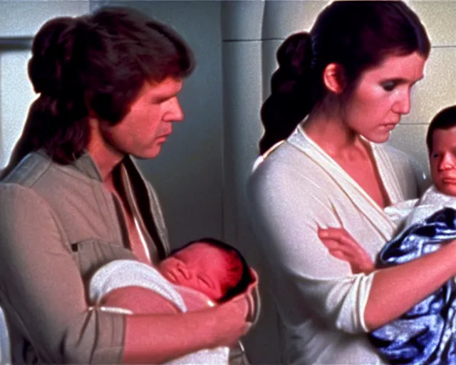 Image similar to screenshot of Han Solo standing next to Princess Leia Organa holding a new born baby in a swaddle, alone, pensive, iconic scene from 1980s Star Wars film directed by Ridley Scott, in a sci fi nursing home architecture, last jedi, 4k HD sharp, cinematic still frame, photoreal, detailed face, moody lighting, stunning cinematography, anamorphic lenses, kodak color film stock