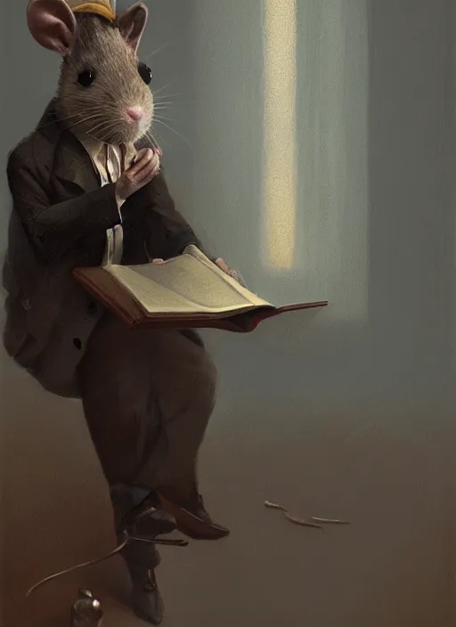 Image similar to oil painting of a rat dressed as an english professor, giving a nobel prize lecture, digital art, artstation, cinematic, golden hour, digital art painting by greg rutkowski