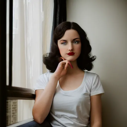 Prompt: portrait of a beautiful girl with dark hair that's styled in a 1940's fashion, dressed in a white t-shirt, sitting in an apartment alone by a window that overlooks a futuristic city, nighttime, mood lighting, ambient lighting, dynamic lighting, low-key neon lighting, 4k, HQ, official media, anime key visual, makoto shinkai, ilya kuvshinov, lois van baarle, rossdraws, detailed, trending on artstation