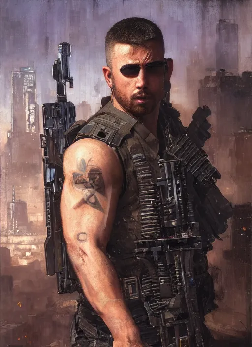 Image similar to 🏋♂ cyberpunk mercenary in a military vest ( blade runner 2 0 4 9, cyberpunk 2 0 7 7 ). orientalist portrait by john william waterhouse and james gurney and theodore ralli and nasreddine dinet, oil on canvas. cinematic, hyper realism, realistic proportions, dramatic lighting, high detail 4 k