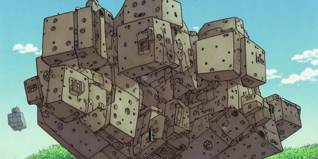 Image similar to a realistic cell - shaded studio ghibli concept art from howl's moving castle ( 2 0 0 4 ) of a floating cube from close encounters of the third kind ( 1 9 7 7 ). very dull colors, hd, 4 k, hq