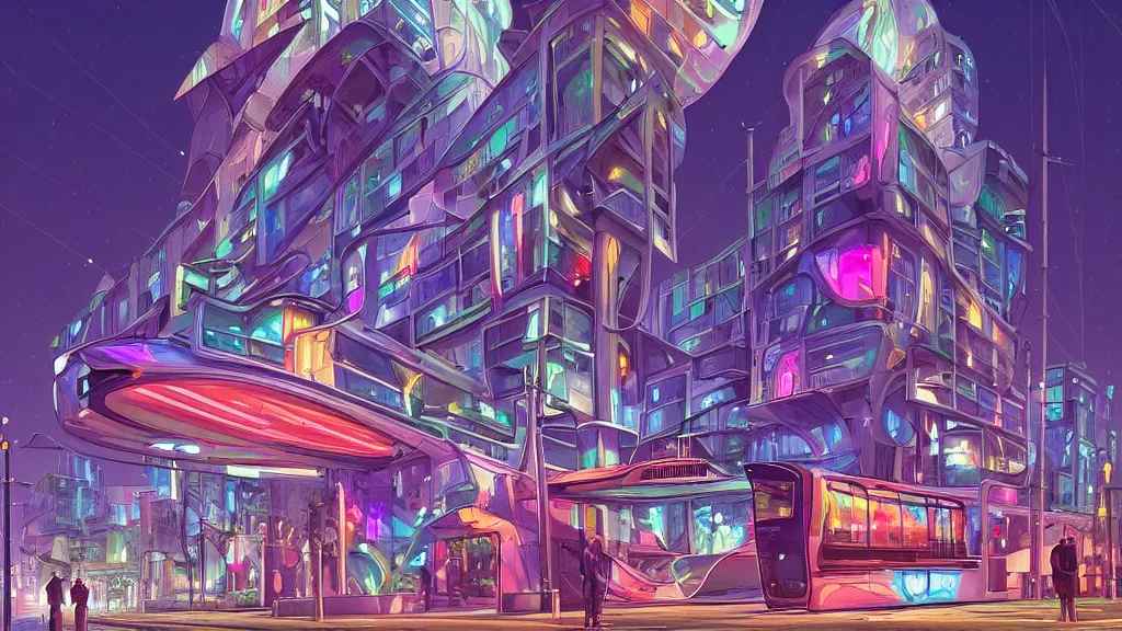 Prompt: view of the futuristic church building in the downtown of the city at night by cyril rolando and naomi okubo and dan mumford and zaha hadid. flying cars. advertisements. neon. tram.