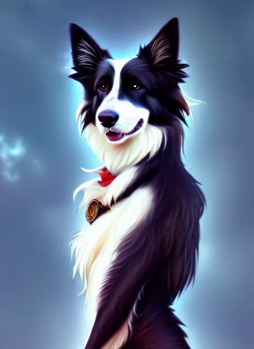 Image similar to wide angle beautiful full body portrait of a cute anthro male border collie fursona with two legs posing in front of a park, character design by charlie bowater, henry asencio, and ross tran, furry art, furaffinity, beautiful, glamor pose, detailed, aesthetic, trending on artstation