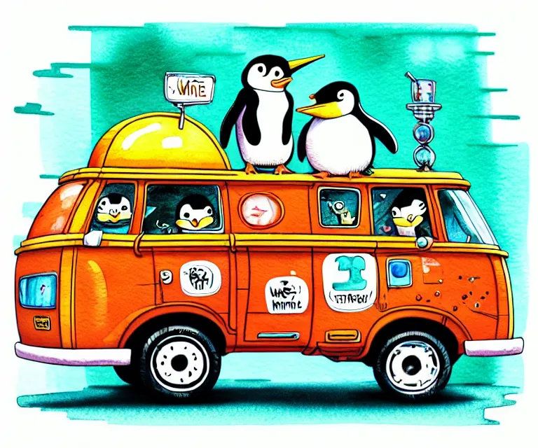 Image similar to cute and funny, penguin wearing a helmet riding in a tiny mystery machine van with an oversized engine, ratfink style by ed roth, centered award winning watercolor pen illustration, isometric illustration by chihiro iwasaki, edited by range murata, tiny details by artgerm and watercolor girl, symmetrically isometrically centered, sharply focused