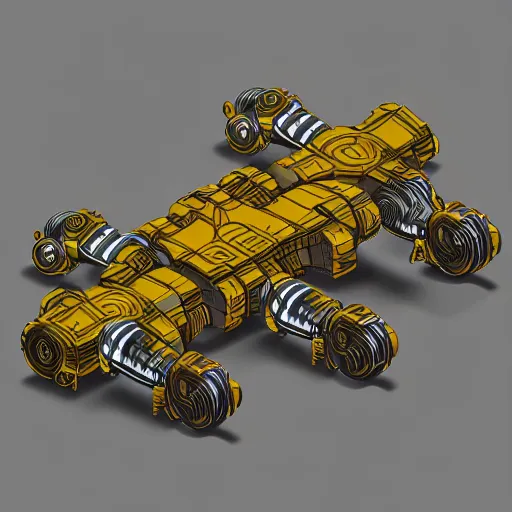 Image similar to annotated highly detailed and intricate 4 5 degree isometric cross section of mad cat mecha marker concept art style render : : metalic yellow and brown : :